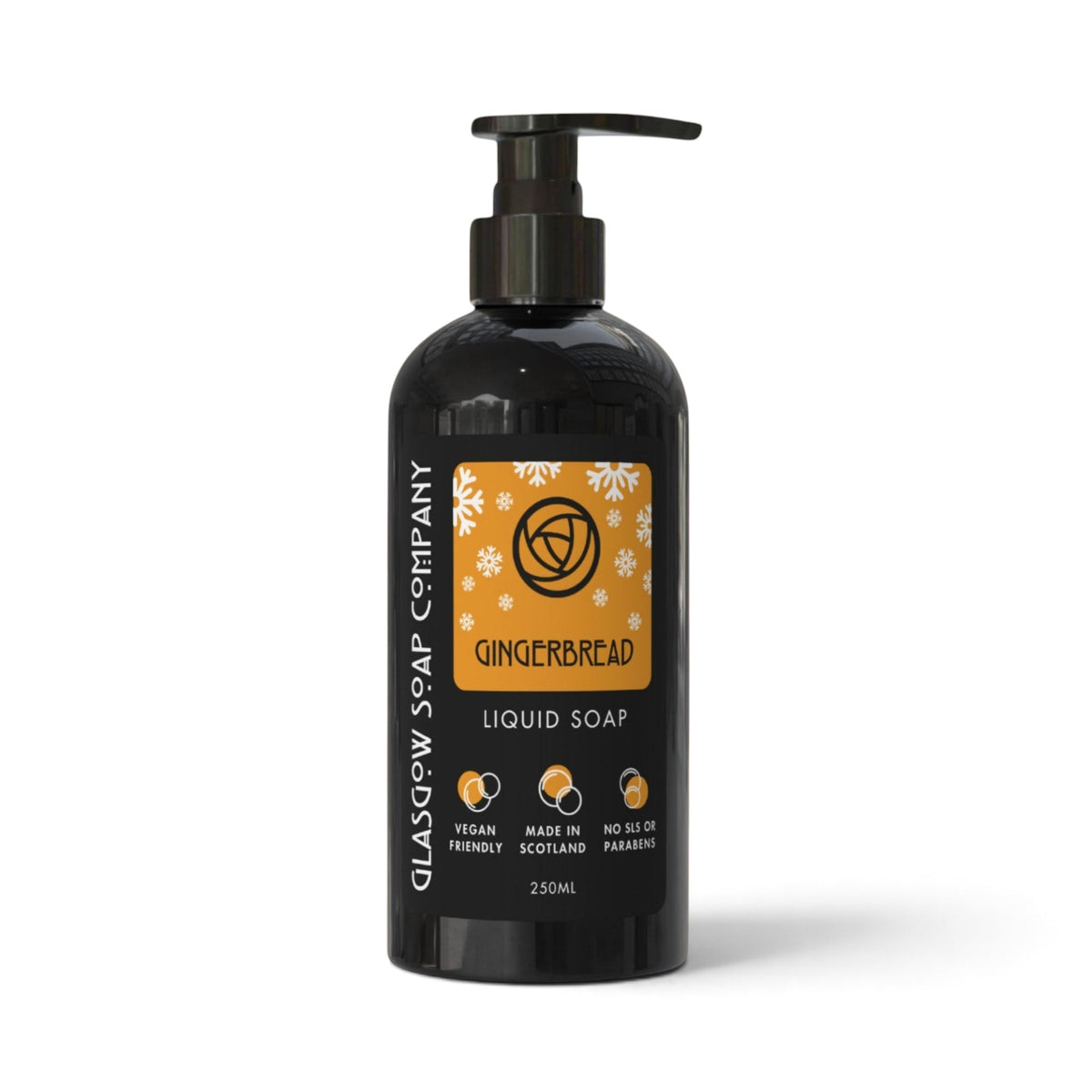 Glasgow Soap Company Ltd gingerbread scented liquid soap in a 250ml black pump bottle with festive orange label