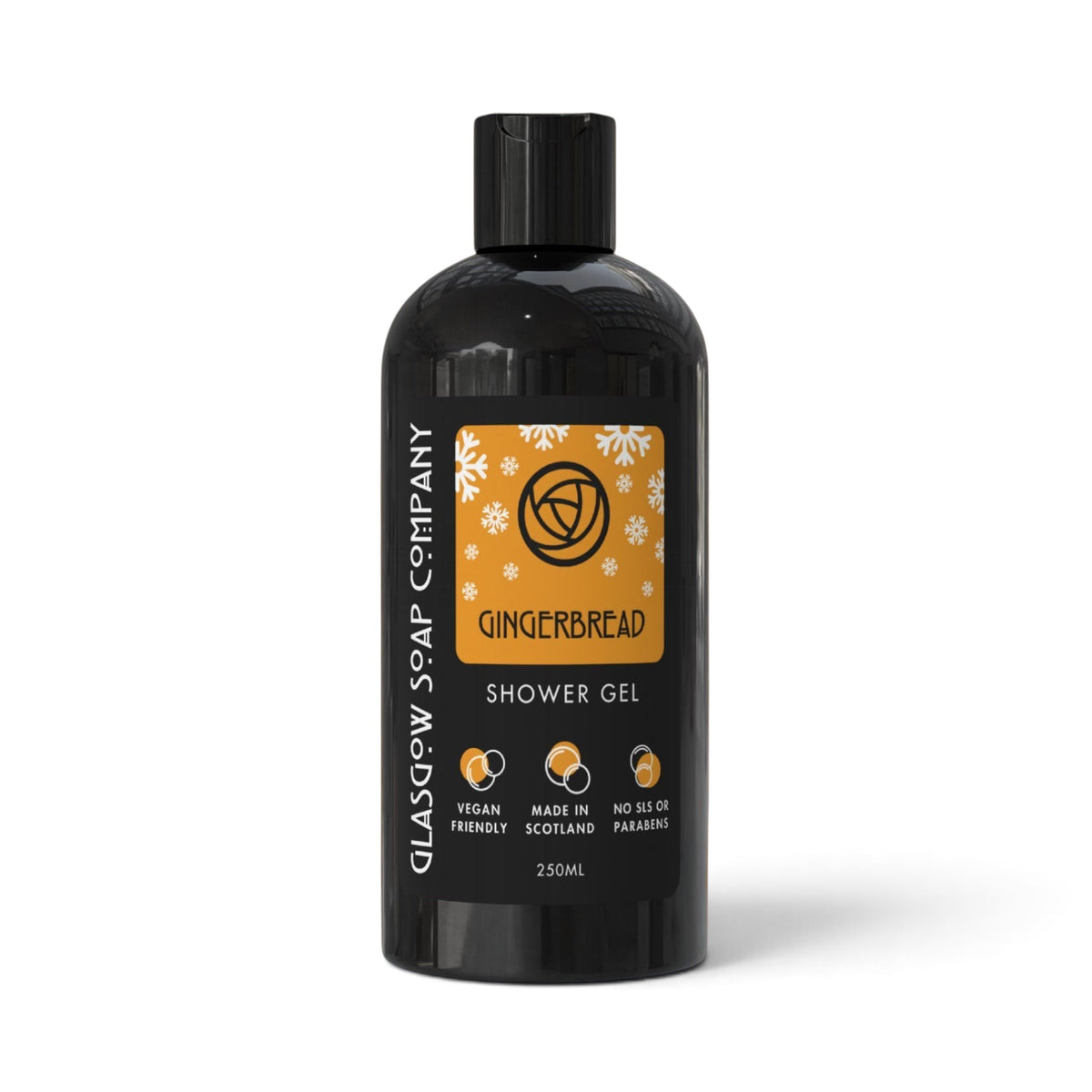 Glasgow Soap Company Ltd Gingerbread shower gel in a 250ml black recyclable bottle with orange festive label