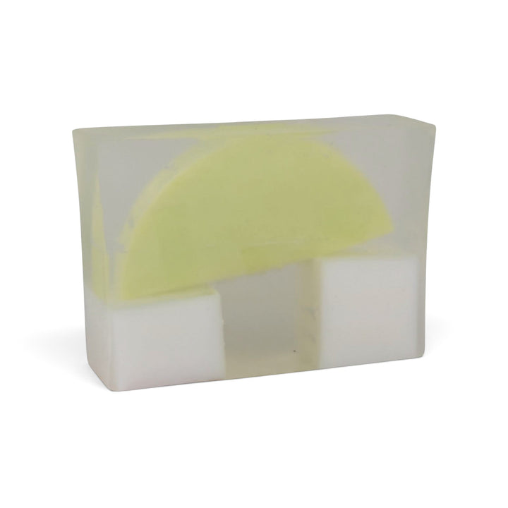 Glasgow Soap Company Ltd handmade soap bar with a translucent finish, lime green semi-circle, and white square accents