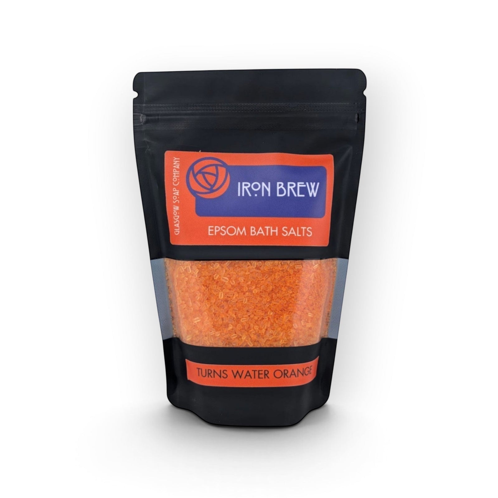 Glasgow Soap Company Ltd Iron Brew Epsom bath salts in a black recyclable sachet with orange crystals visible.