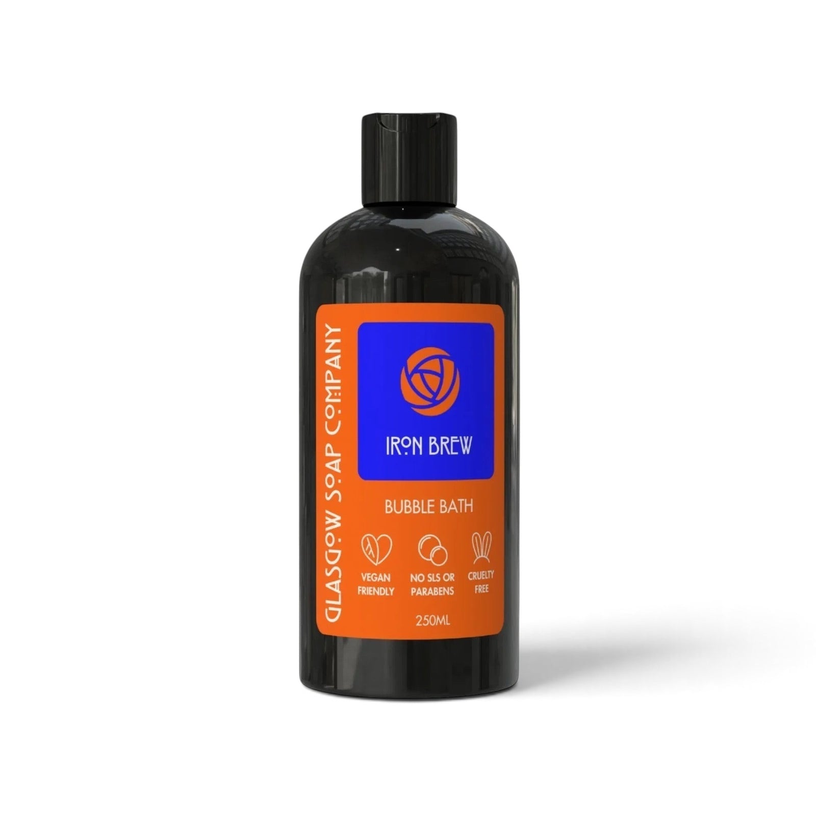 Glasgow Soap Company Ltd Iron Brew bubble bath in a 250ml black bottle with an orange and blue label.