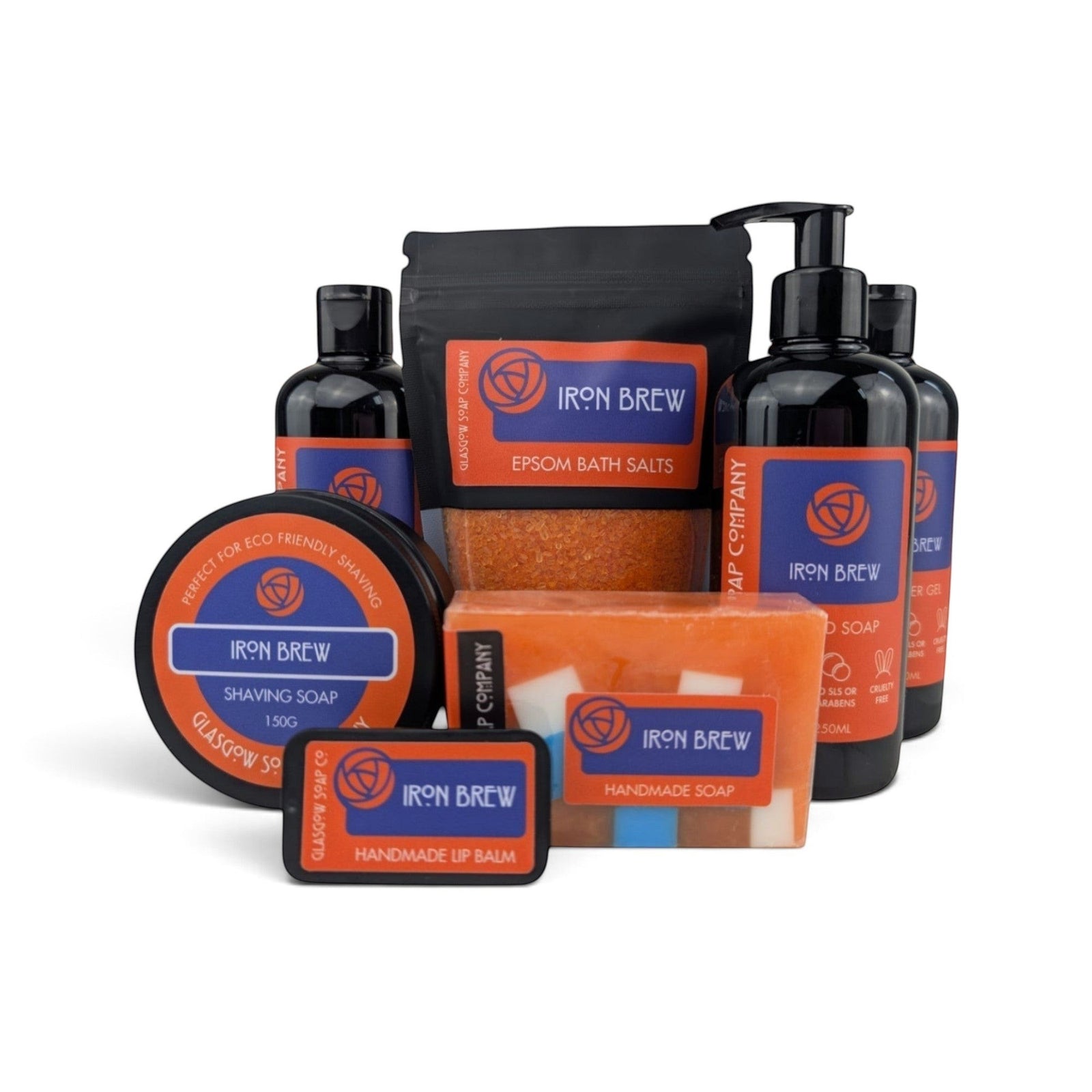 Glasgow Soap Company Ltd Iron Brew collection featuring liquid soap, bath salts, shaving soap, and handmade bar soap.
