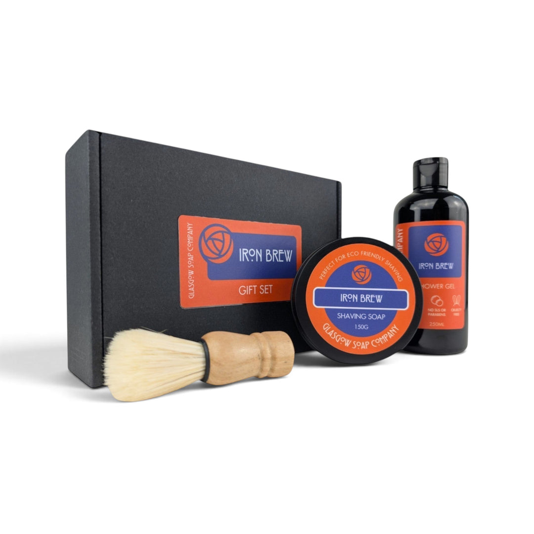 Glasgow Soap Company Ltd Iron Brew shower and shave gift set with shaving soap, vegan brush, and shower gel in a box.