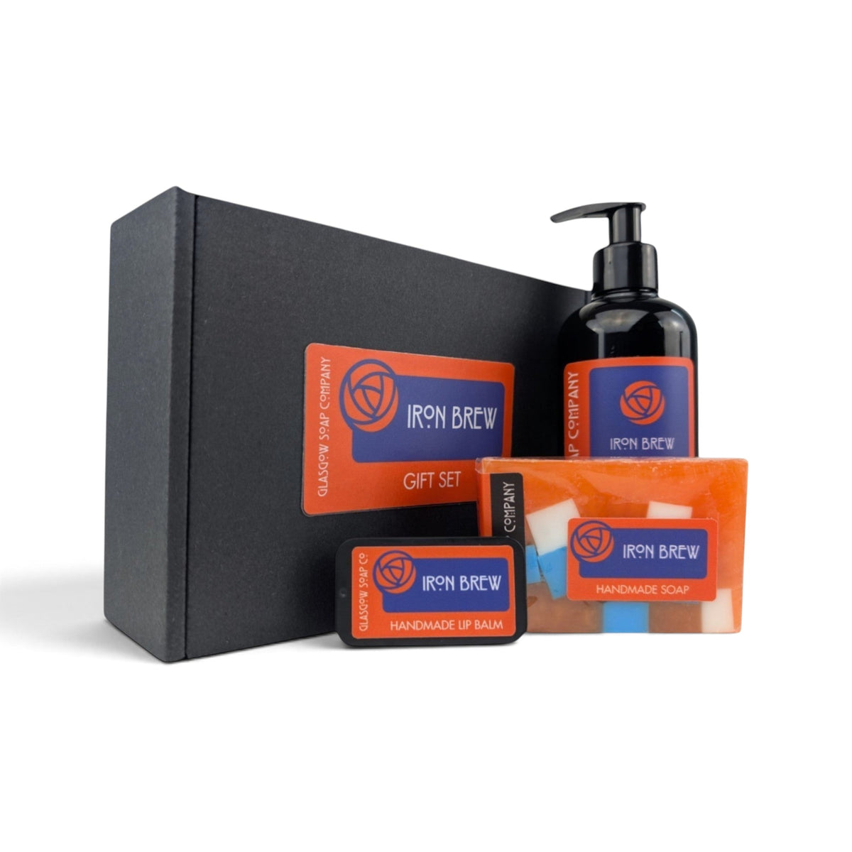 Glasgow Soap Company Ltd Iron Brew gift set featuring liquid soap, handmade bar soap, and lip balm in a black box.