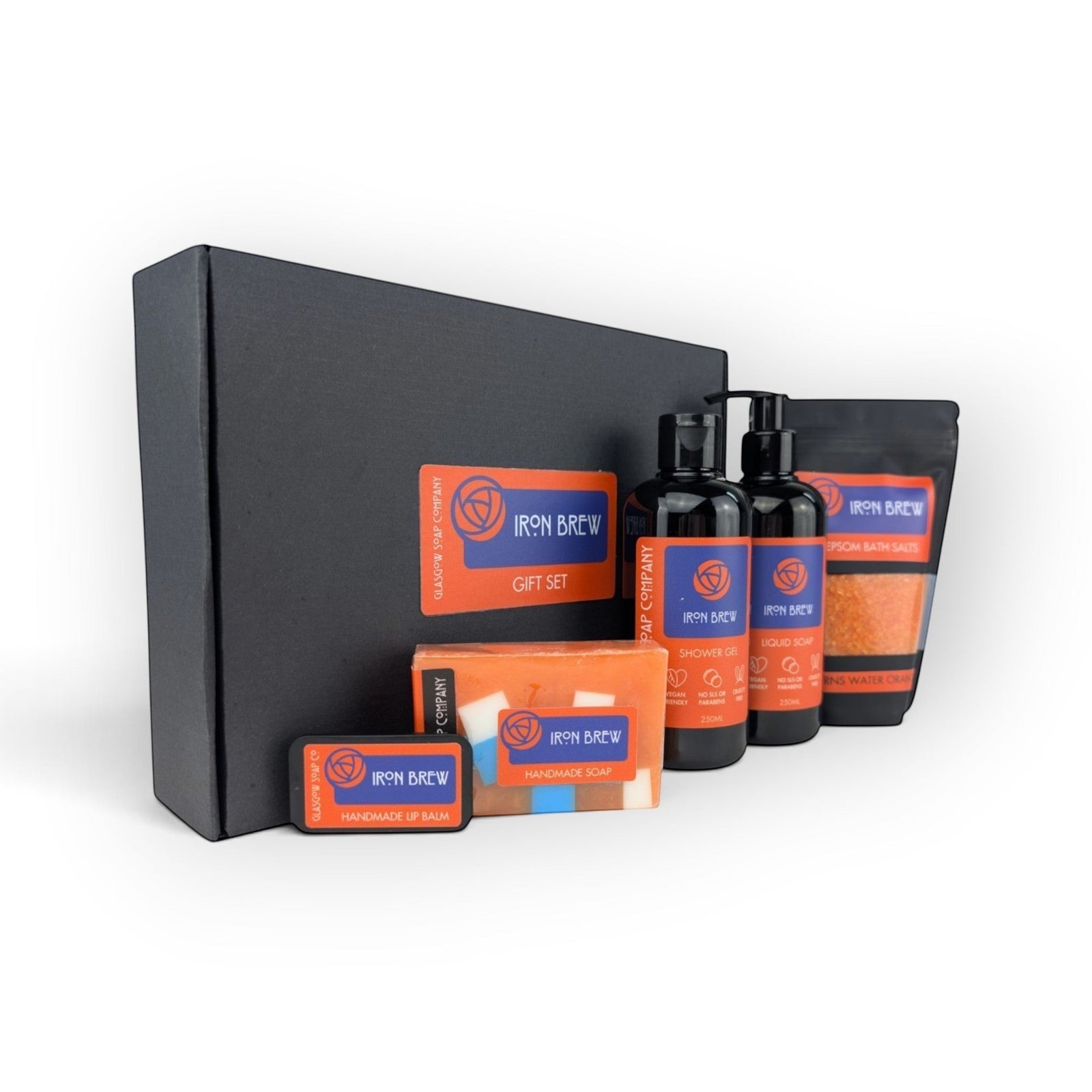Glasgow Soap Company Ltd Iron Brew large gift set featuring five bath and body products with orange citrus branding.