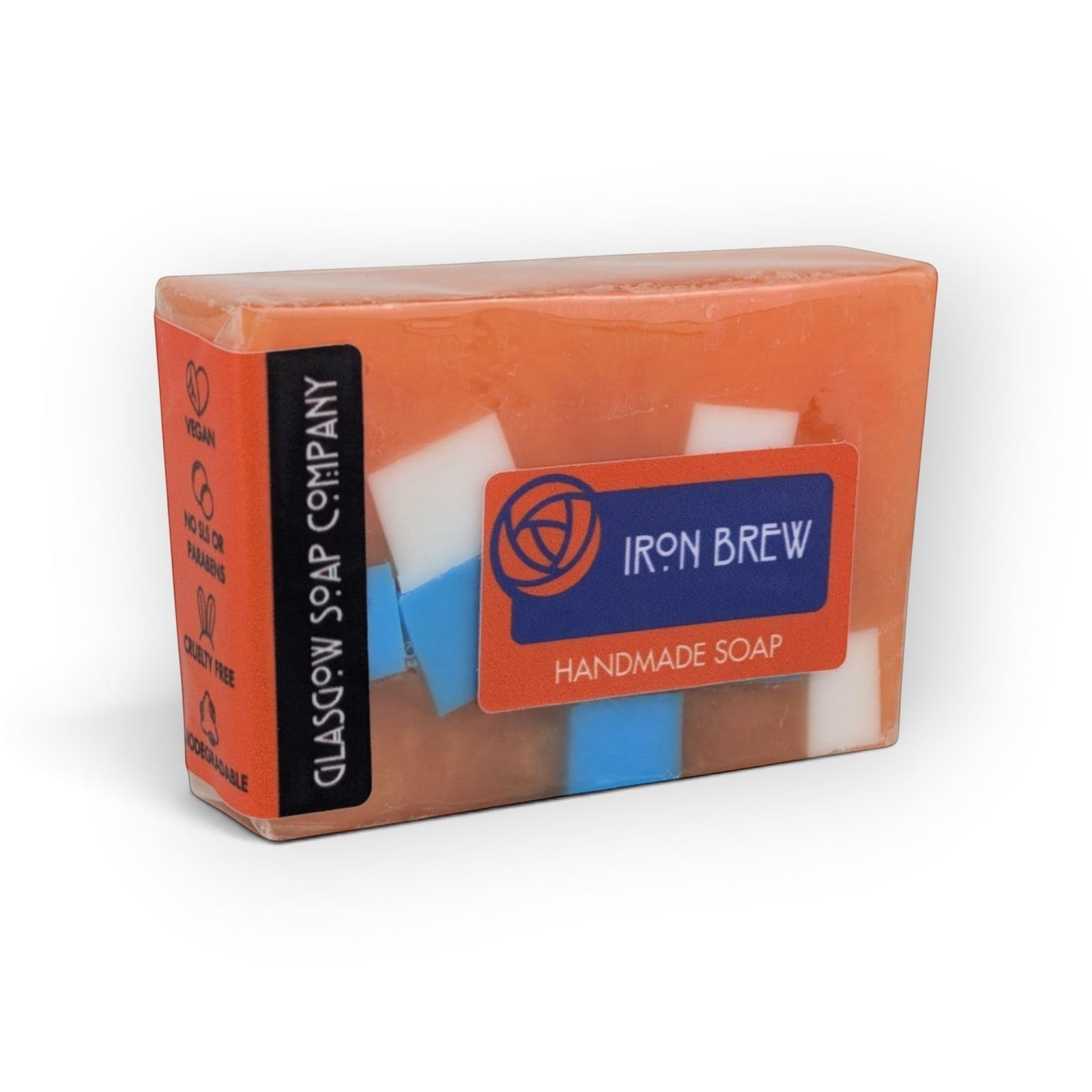 Glasgow Soap Company Ltd Iron Brew handmade soap bar with orange, white, and blue accents in clear plastic packaging