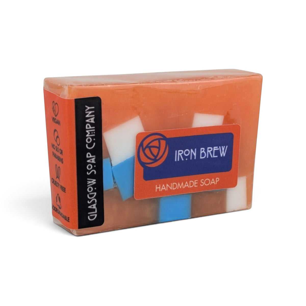 Glasgow Soap Company Ltd Iron Brew handmade soap bar with orange, white, and blue accents in clear plastic packaging.