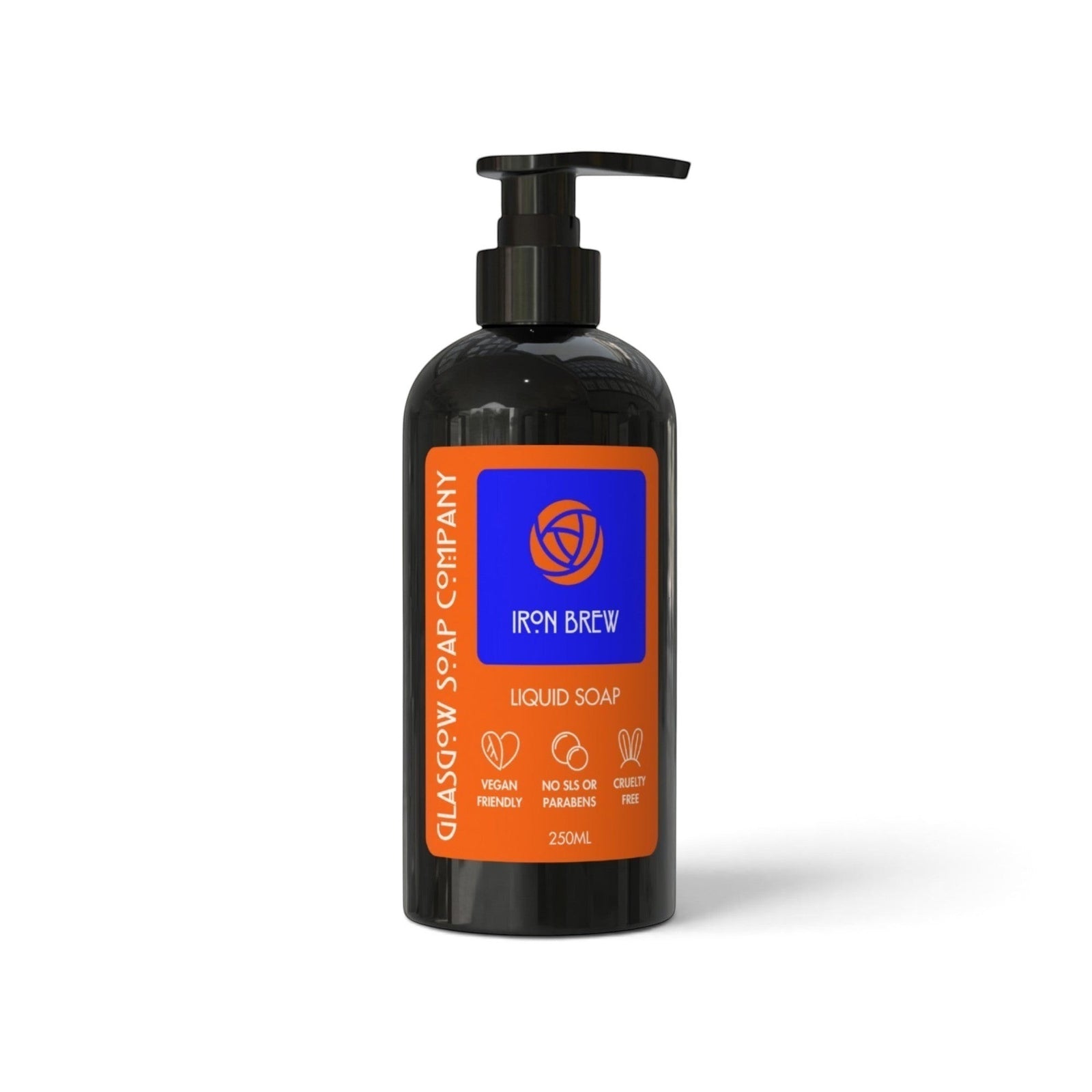 Glasgow Soap Company Ltd Iron Brew liquid soap in a 250ml black pump bottle with an orange and blue label.