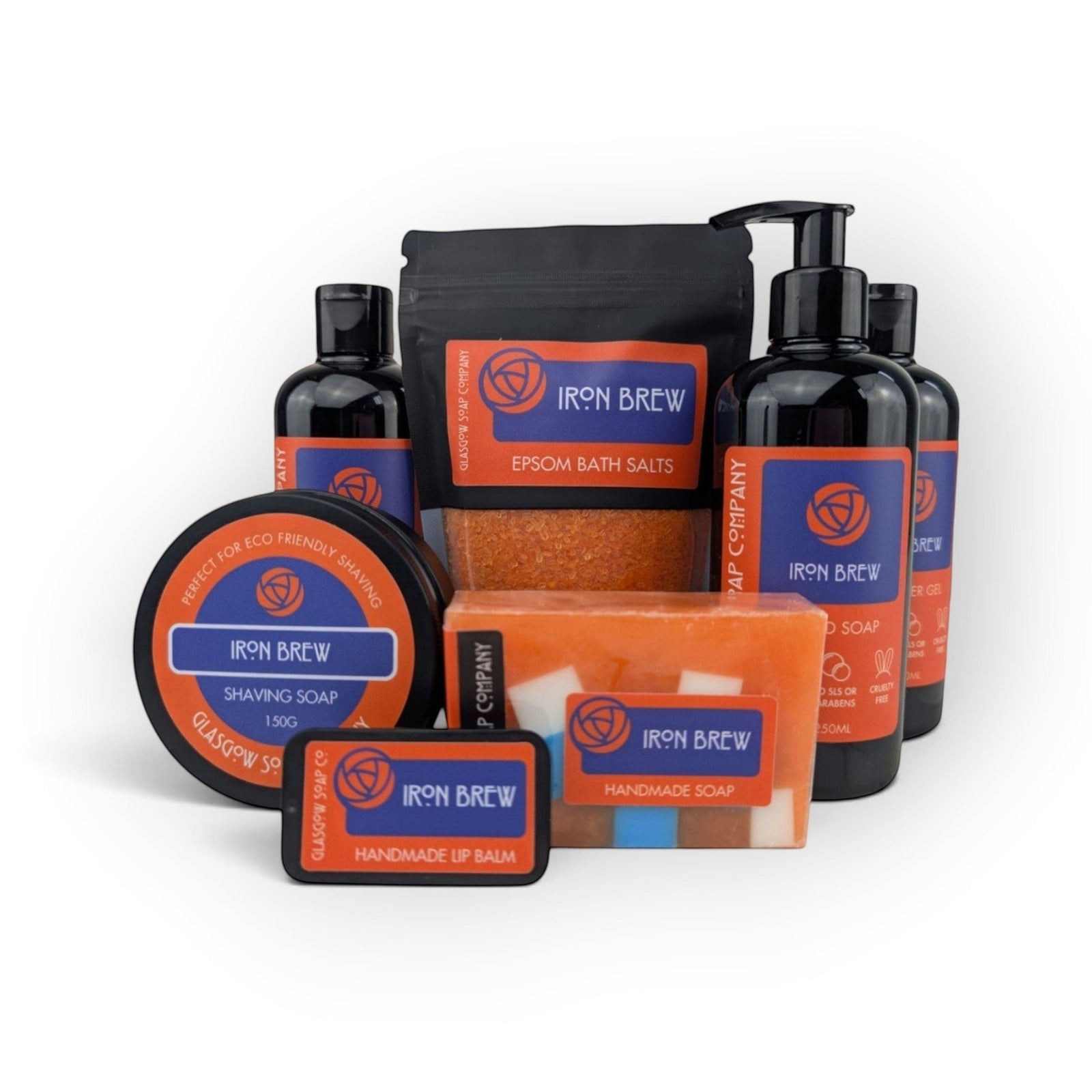 Glasgow Soap Company Ltd Iron Brew collection featuring shower gel, bath salts, shaving soap, and handmade soap bars.