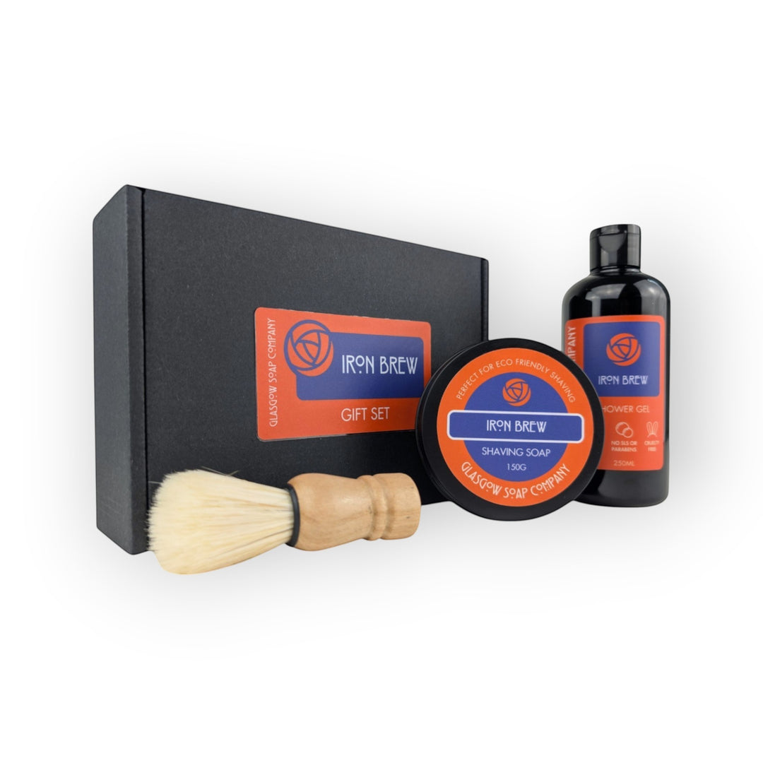 Glasgow Soap Company Ltd Iron Brew gift set with shaving soap, brush, and shower gel.