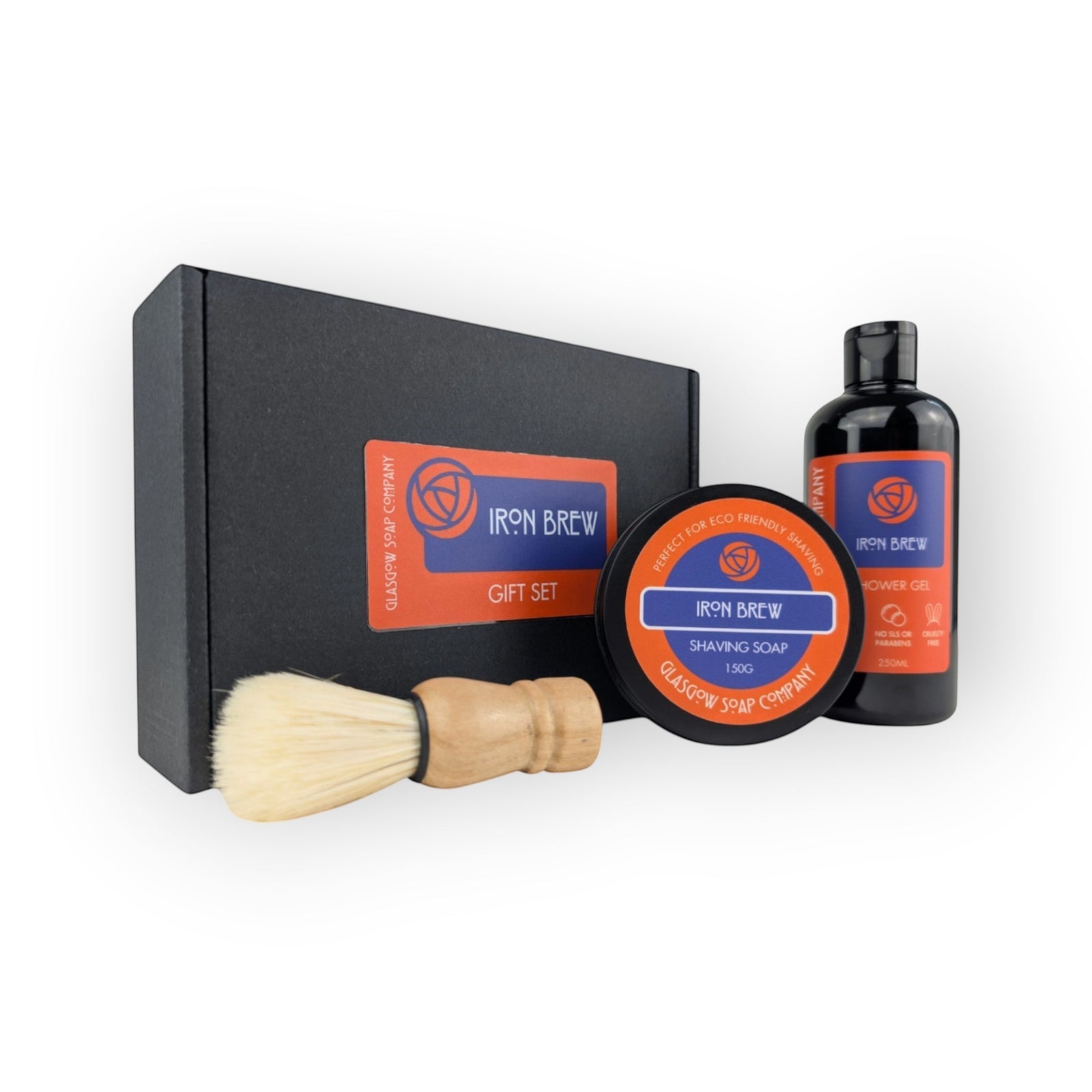 Glasgow Soap Company Ltd Iron Brew gift set with shaving soap, brush, and shower gel.