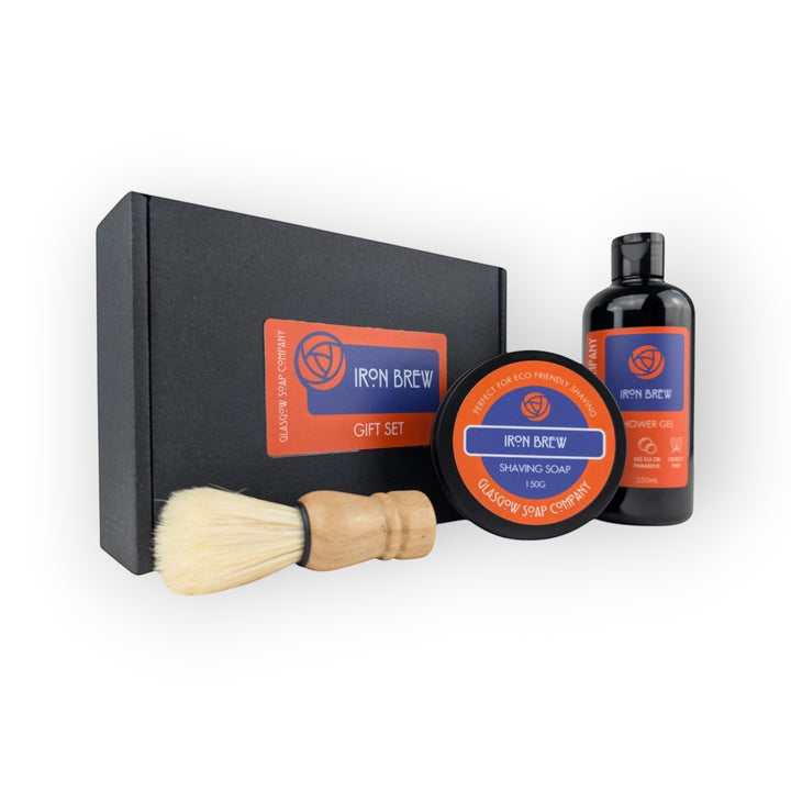 Glasgow Soap Company Ltd Iron Brew gift set with shaving soap, brush, and shower gel.