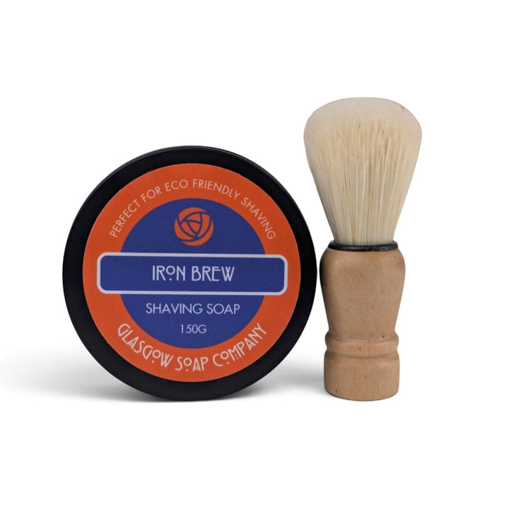 Glasgow Soap Company Ltd Iron Brew shaving soap tin and vegan-friendly wooden shaving brush set