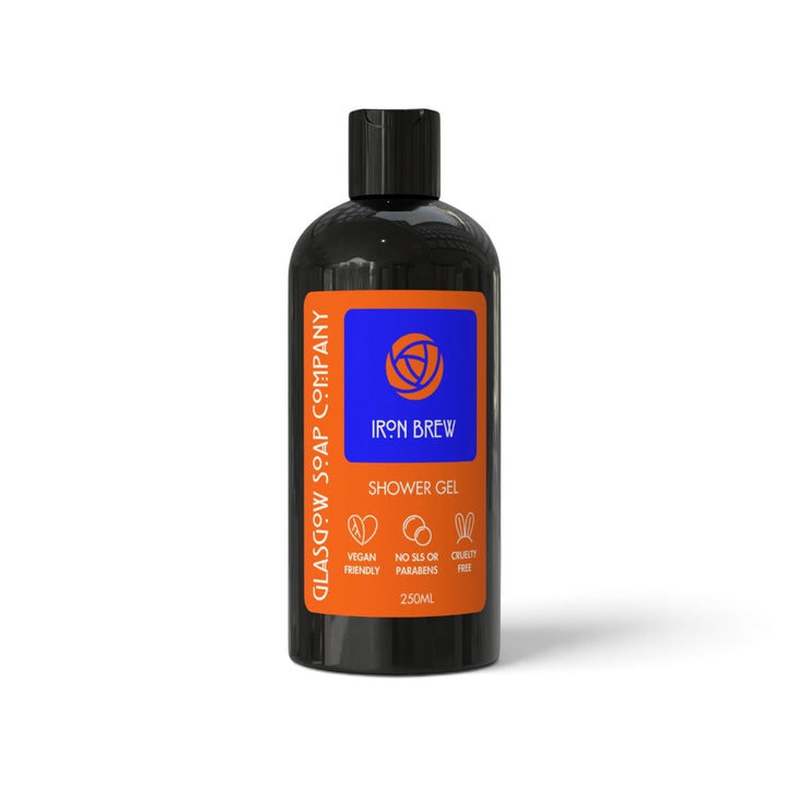 Glasgow Soap Company Ltd Iron Brew shower gel in a black bottle with a bright orange label, 250ml vegan formula.