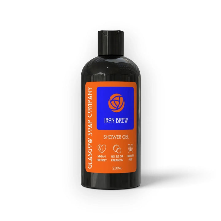 Glasgow Soap Company Ltd Iron Brew shower gel in a 250ml black recyclable bottle with an orange label.