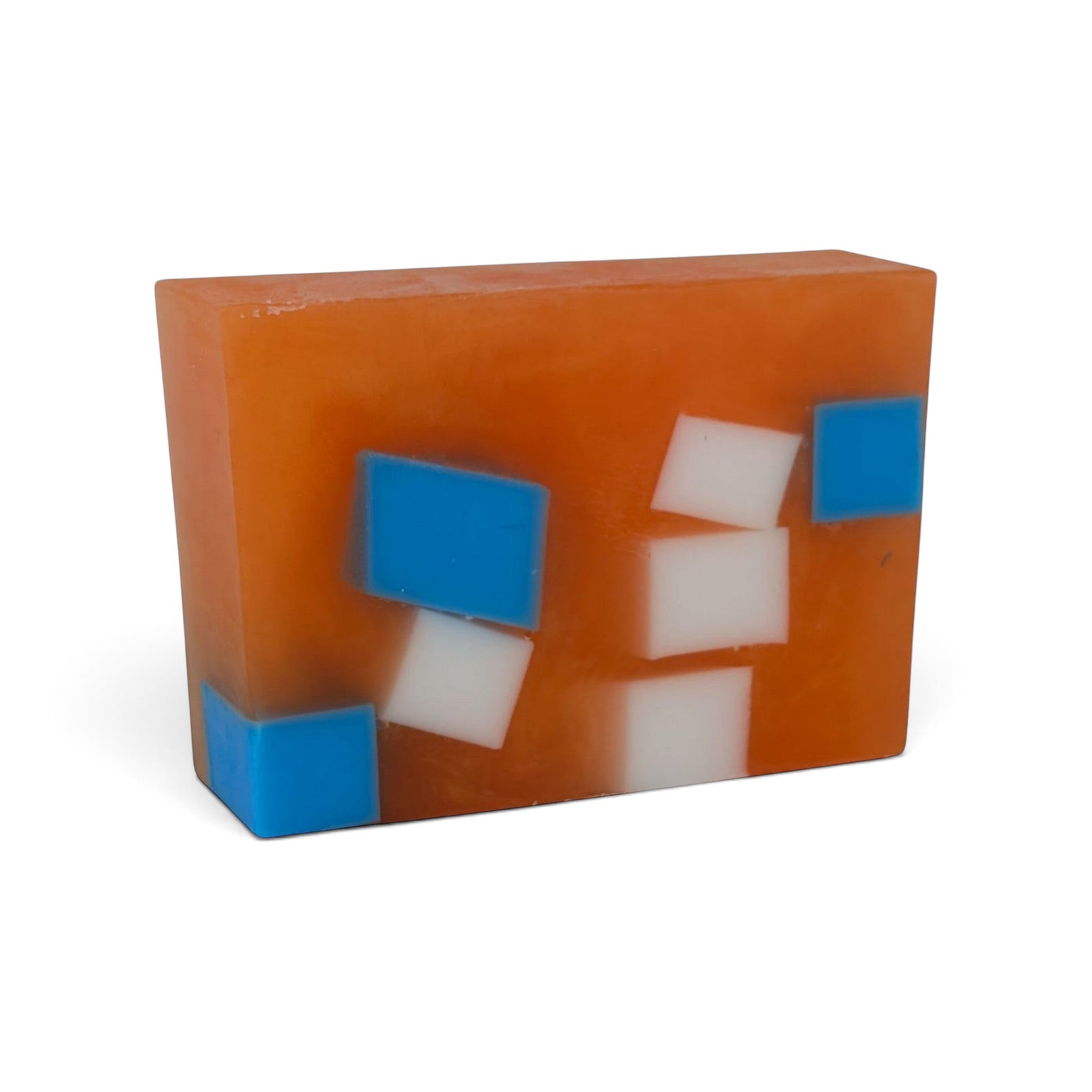 Glasgow Soap Company Ltd Iron Brew soap bar with orange base and embedded white and blue geometric cubes
