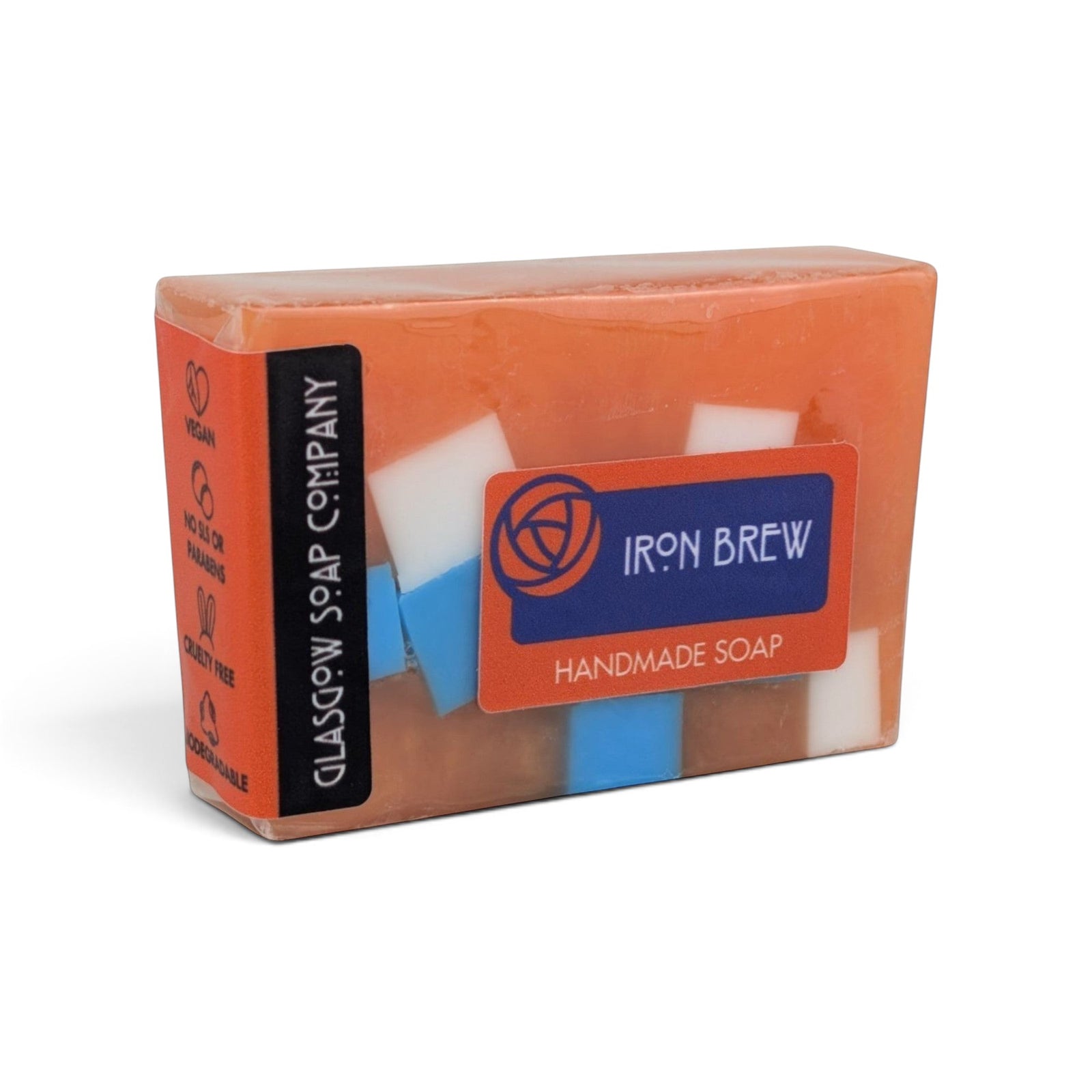 Glasgow Soap Company Ltd Iron Brew handmade vegan soap bar in orange with blue and white accents in biodegradable wrap