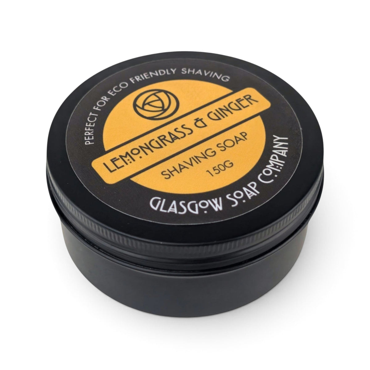Glasgow Soap Company Ltd Lemongrass and Ginger shaving soap in a recyclable black aluminium tin