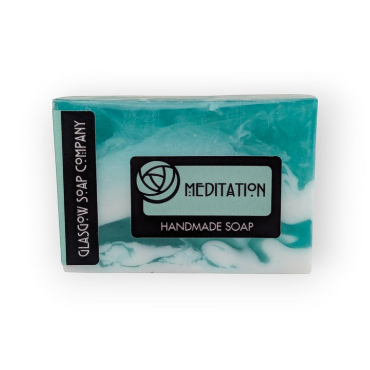 Glasgow Soap Company Ltd Meditation handmade soap bar with swirling blue and white marbled effect, floral and sandalwood scent.