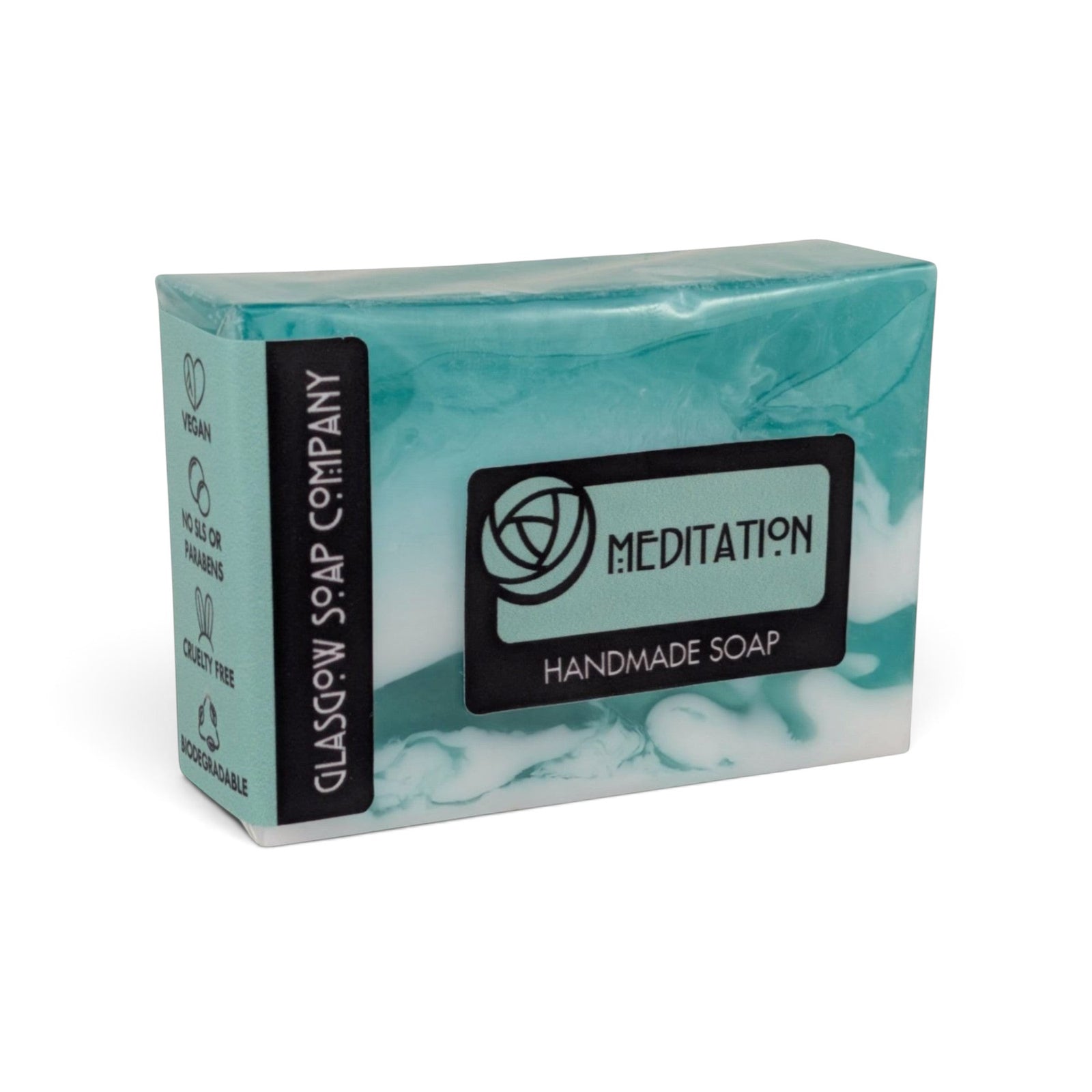 Glasgow Soap Company Ltd Meditation vegan handmade soap bar with teal and white marbled vegetable glycerine base