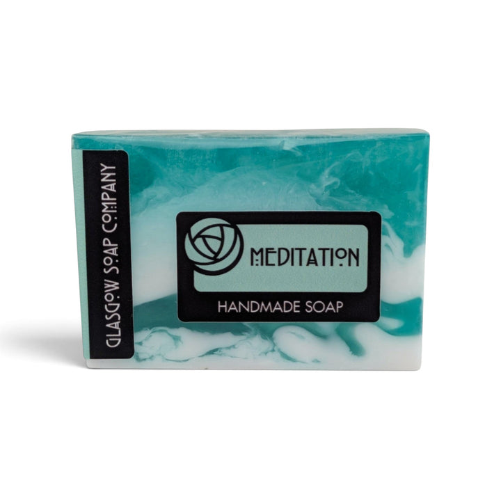 Glasgow Soap Company Ltd Meditation handmade soap bar with a teal and white marbled vegetable glycerine design.