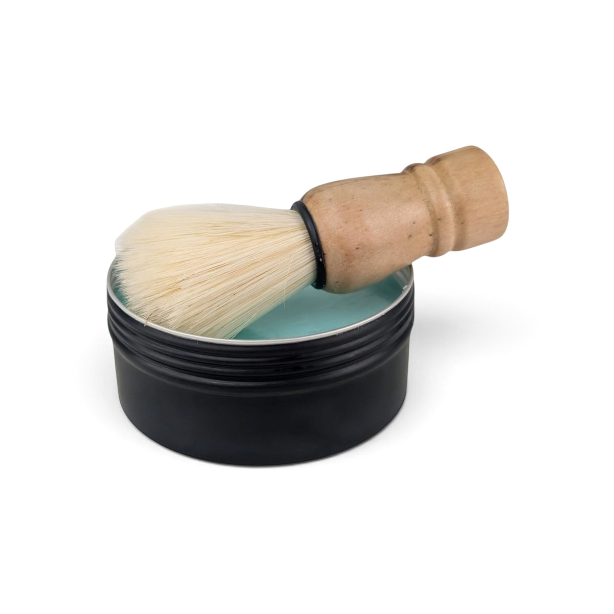 Glasgow Soap Company Ltd Meditation shaving soap in a black tin with a wooden vegan shaving brush