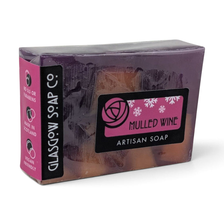 Glasgow Soap Company Ltd Mulled Wine artisan soap bar in purple packaging with festive snowflake and rose branding.