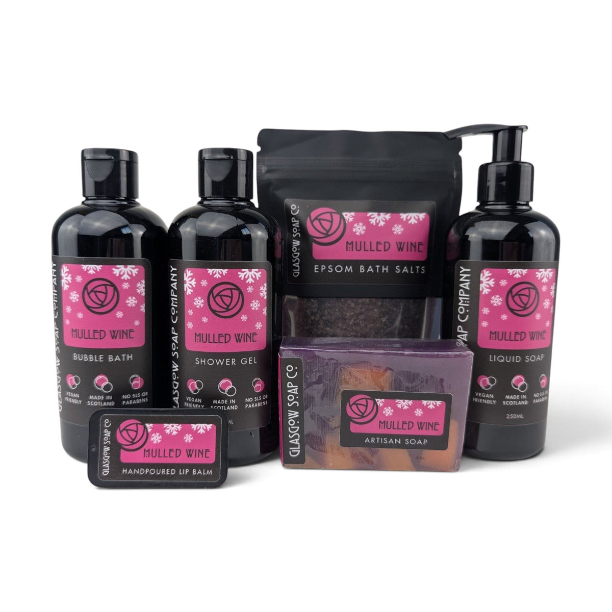 Glasgow Soap Company Ltd Mulled Wine festive bath and body collection including liquid soap, bubble bath, and salts.