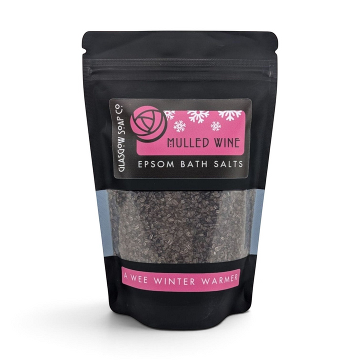 Glasgow Soap Company Ltd Mulled Wine Epsom Bath Salts in a black resealable pouch with festive pink label