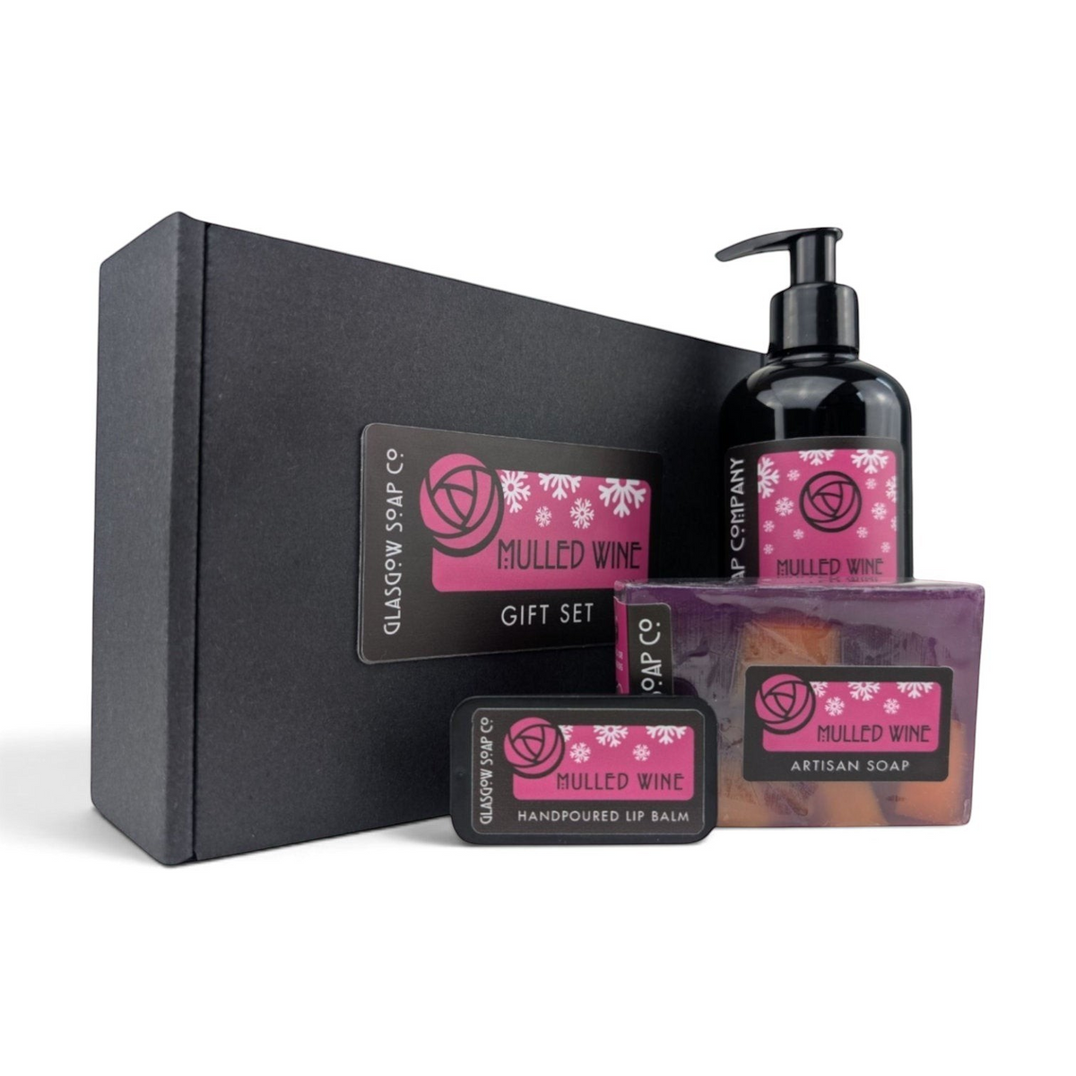 Glasgow Soap Company Ltd Mulled Wine gift set featuring liquid soap, handmade bar soap, and lip balm in a black box.