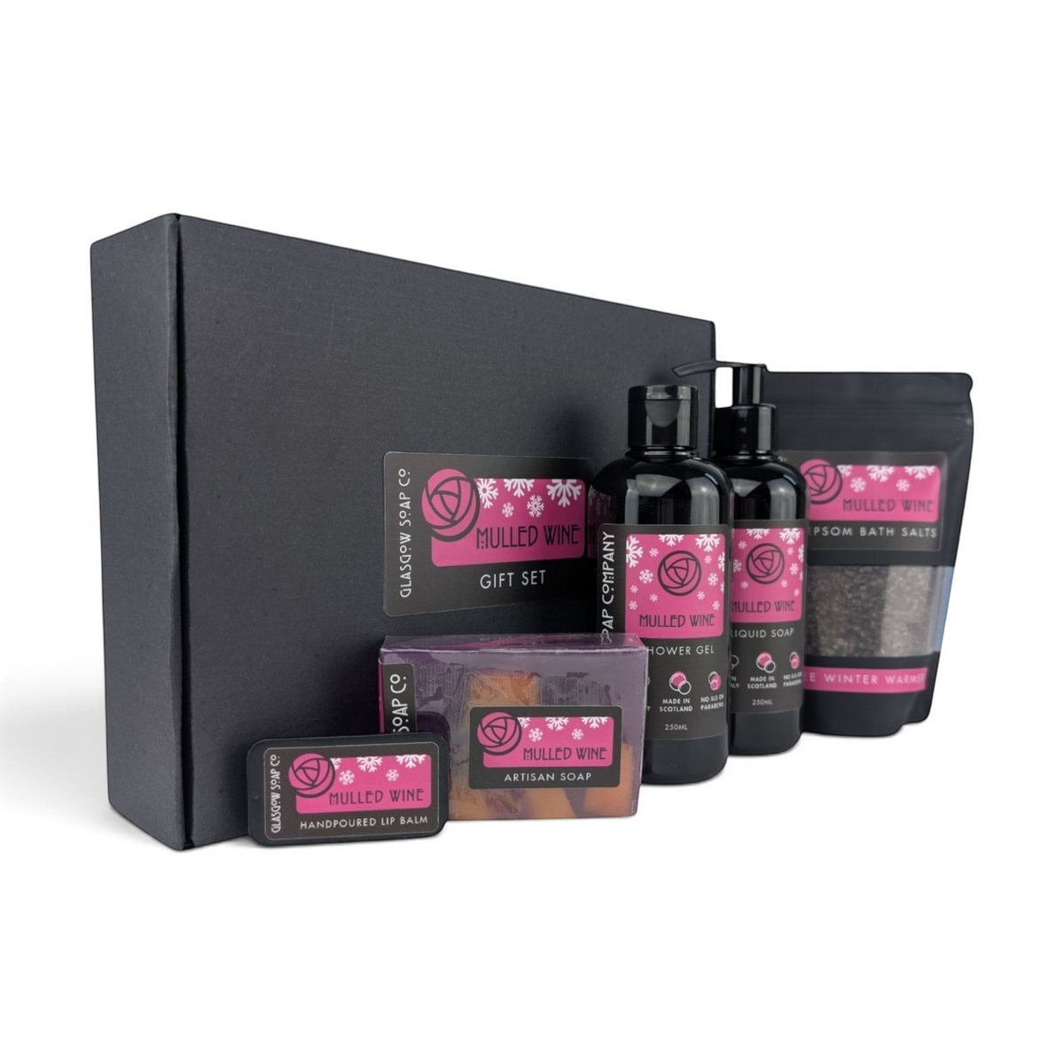 Glasgow Soap Company Ltd Mulled Wine gift set featuring soap, shower gel, bath salts, and lip balm in a black box.