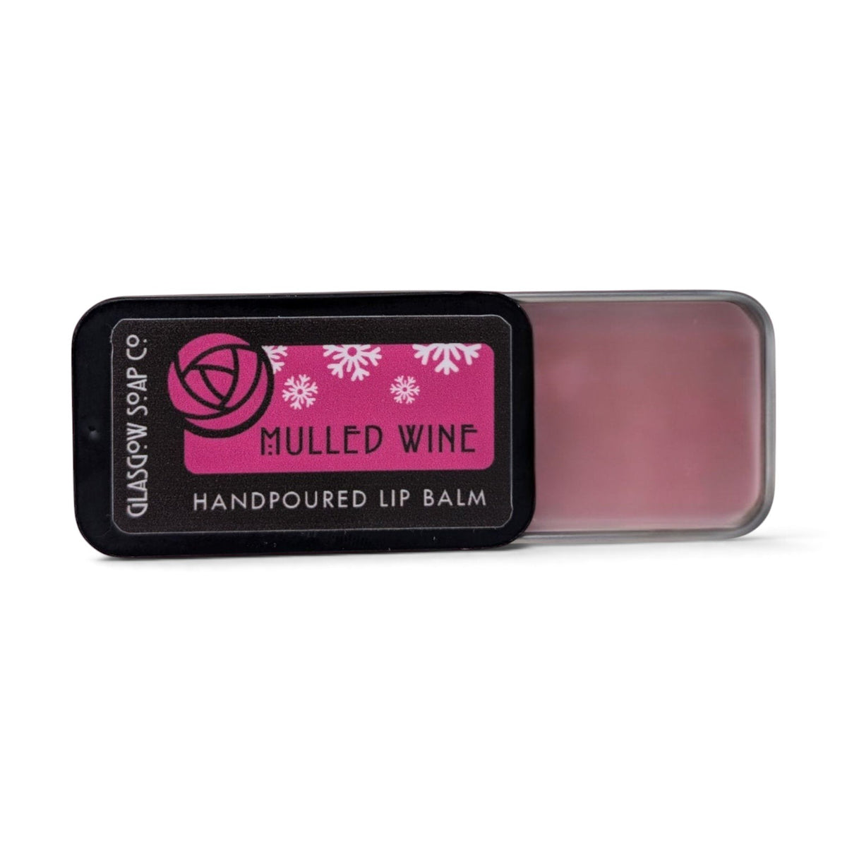 Glasgow Soap Company Ltd Mulled Wine lip balm in a sliding metal tin with festive snowflake and rose branding
