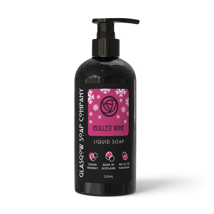 Glasgow Soap Company Ltd Mulled Wine liquid soap in a black 250ml pump bottle with a festive pink snowflake label.