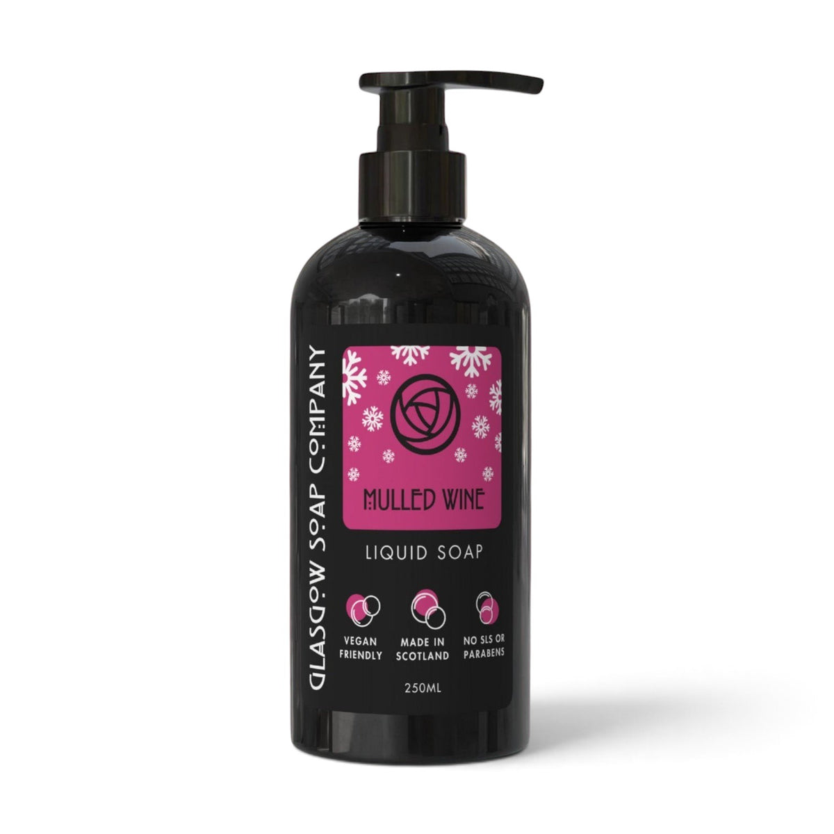 Glasgow Soap Company Ltd Mulled Wine liquid soap in a 250ml black pump bottle with a festive pink snowflake label.