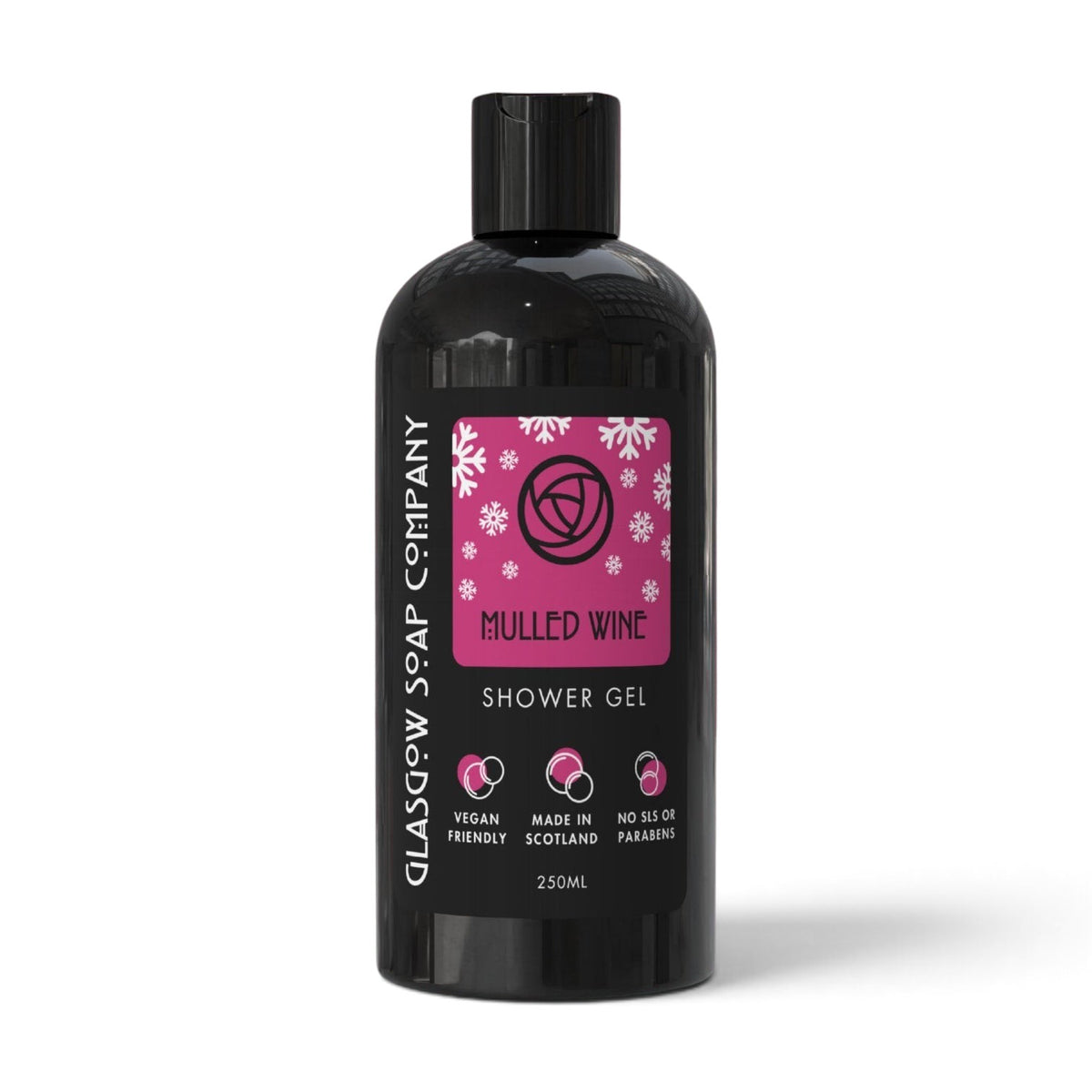 Glasgow Soap Company Ltd Mulled Wine vegan shower gel in a 250ml black bottle with festive pink snowflake label