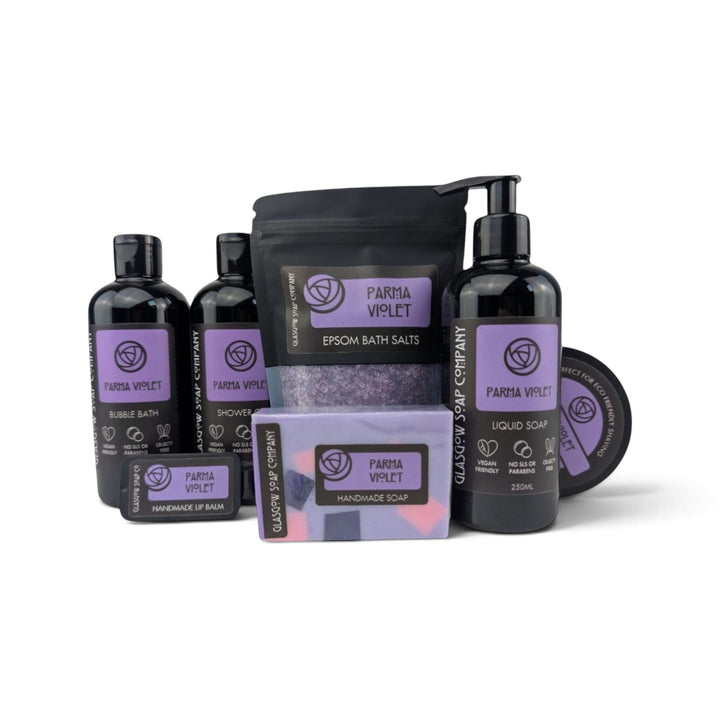 Glasgow Soap Company Ltd Parma Violet collection featuring handmade soap, liquid soap, bath salts, and lip balm.
