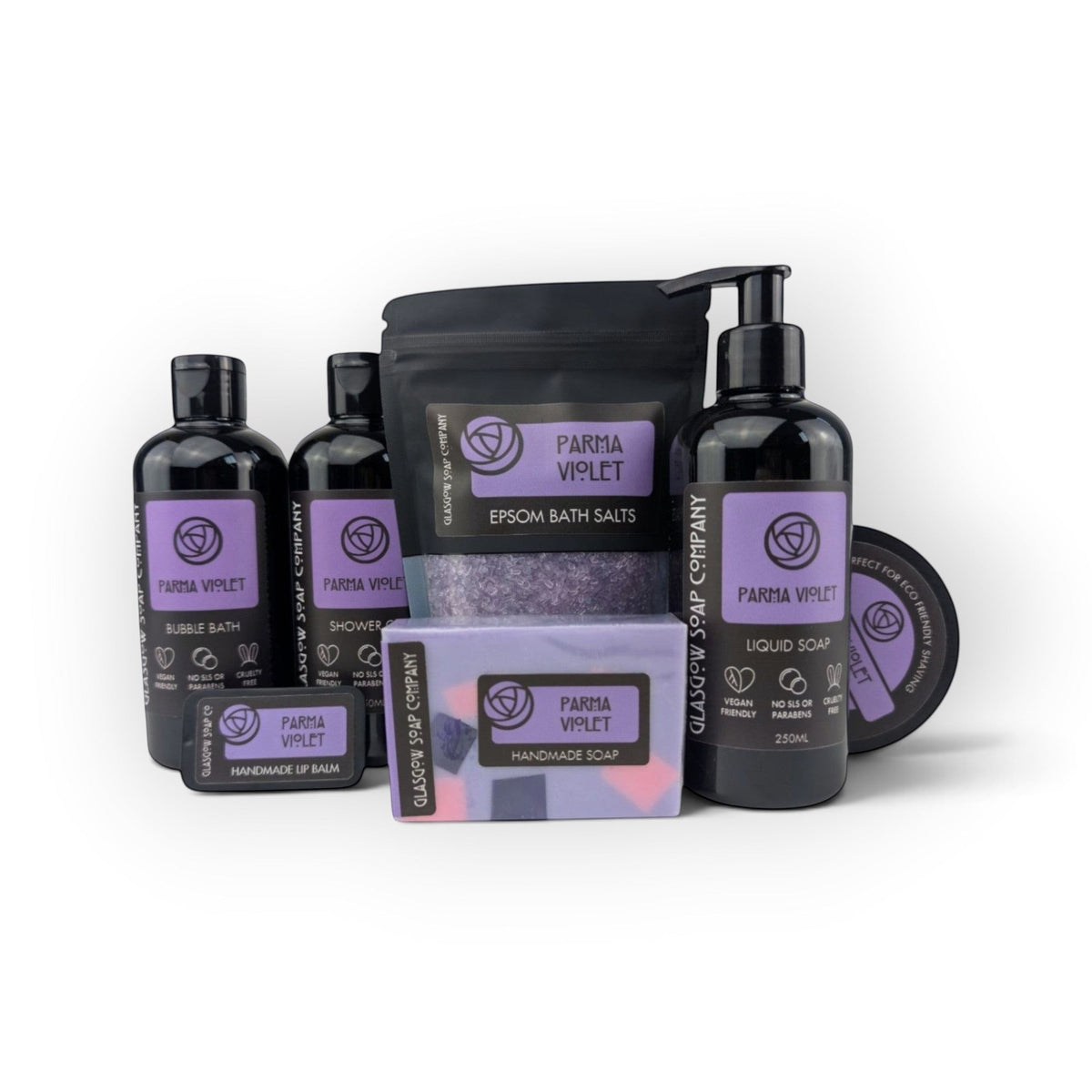 Glasgow Soap Company Ltd Parma Violet collection featuring liquid soap, bath salts, handmade soap, and lip balm.