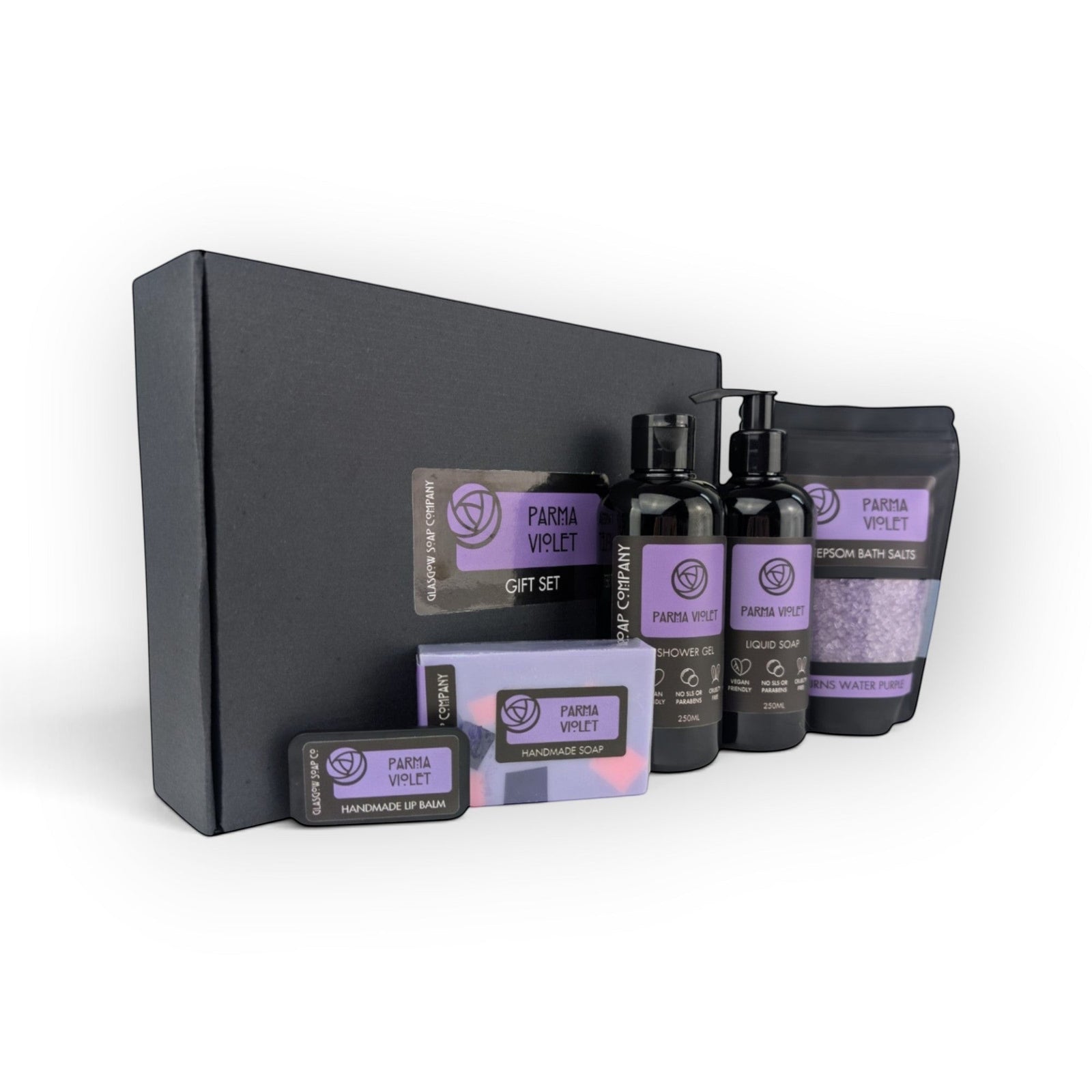 Glasgow Soap Company Ltd Parma Violet large gift set featuring soap, shower gel, bath salts, and lip balm in a box.