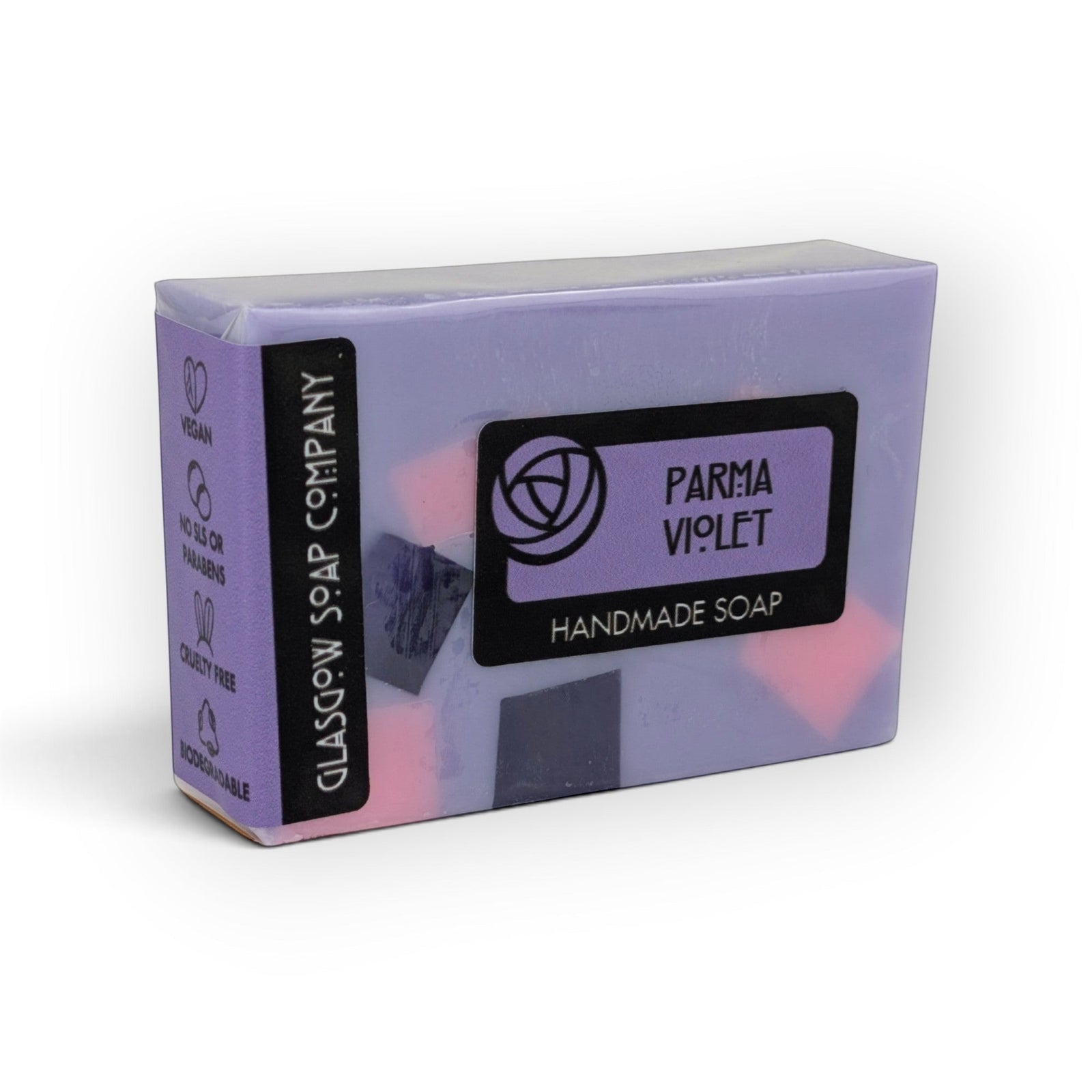 Glasgow Soap Company Ltd Parma Violet handmade soap bar in purple packaging with vegan and cruelty-free icons