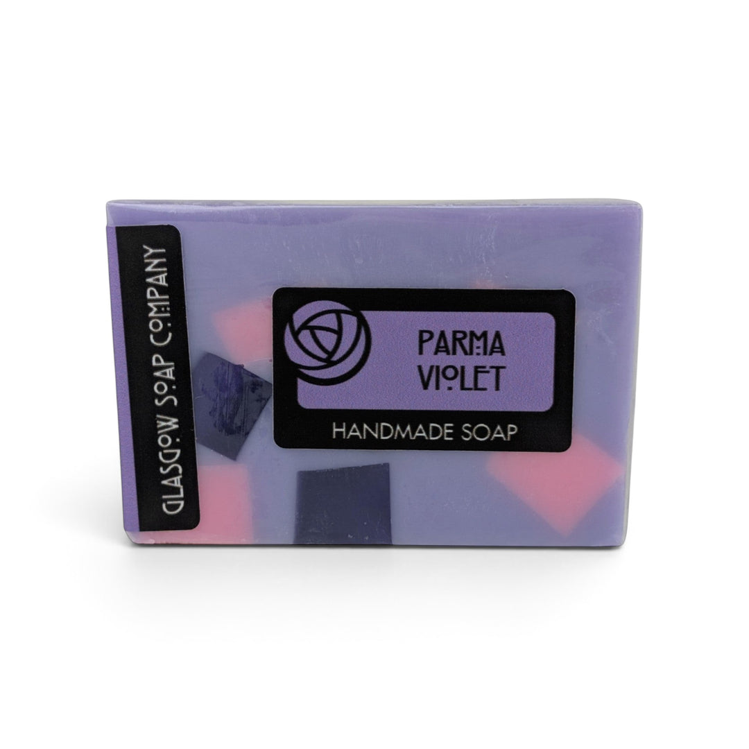 Glasgow Soap Company Ltd Parma Violet handmade soap bar in purple with pink and dark purple geometric accents.
