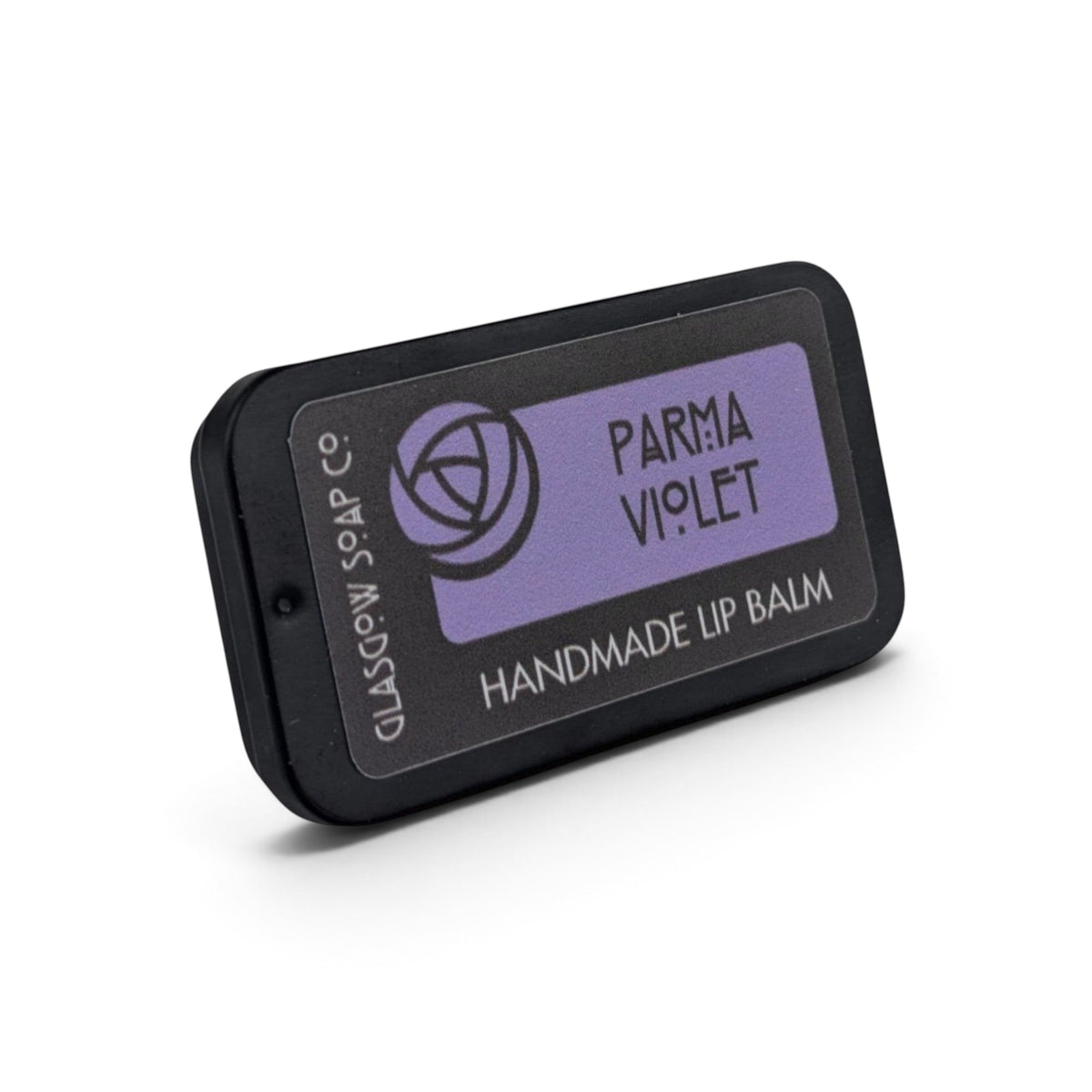 Glasgow Soap Company Ltd Parma Violet lip balm in a small black sliding tin with floral purple branding