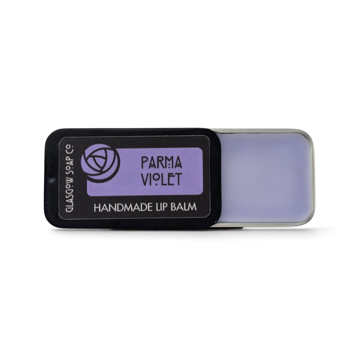 Glasgow Soap Company Ltd Parma Violet lip balm in a sliding black tin with purple floral scented balm