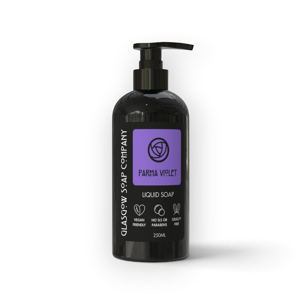 Glasgow Soap Company Ltd Parma Violet liquid soap in a sleek black 250ml pump bottle with a purple label.
