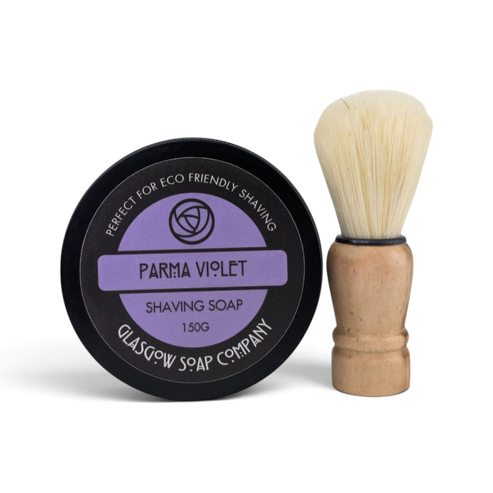 Glasgow Soap Company Ltd Parma Violet shaving soap tin and vegan-friendly wooden shaving brush set