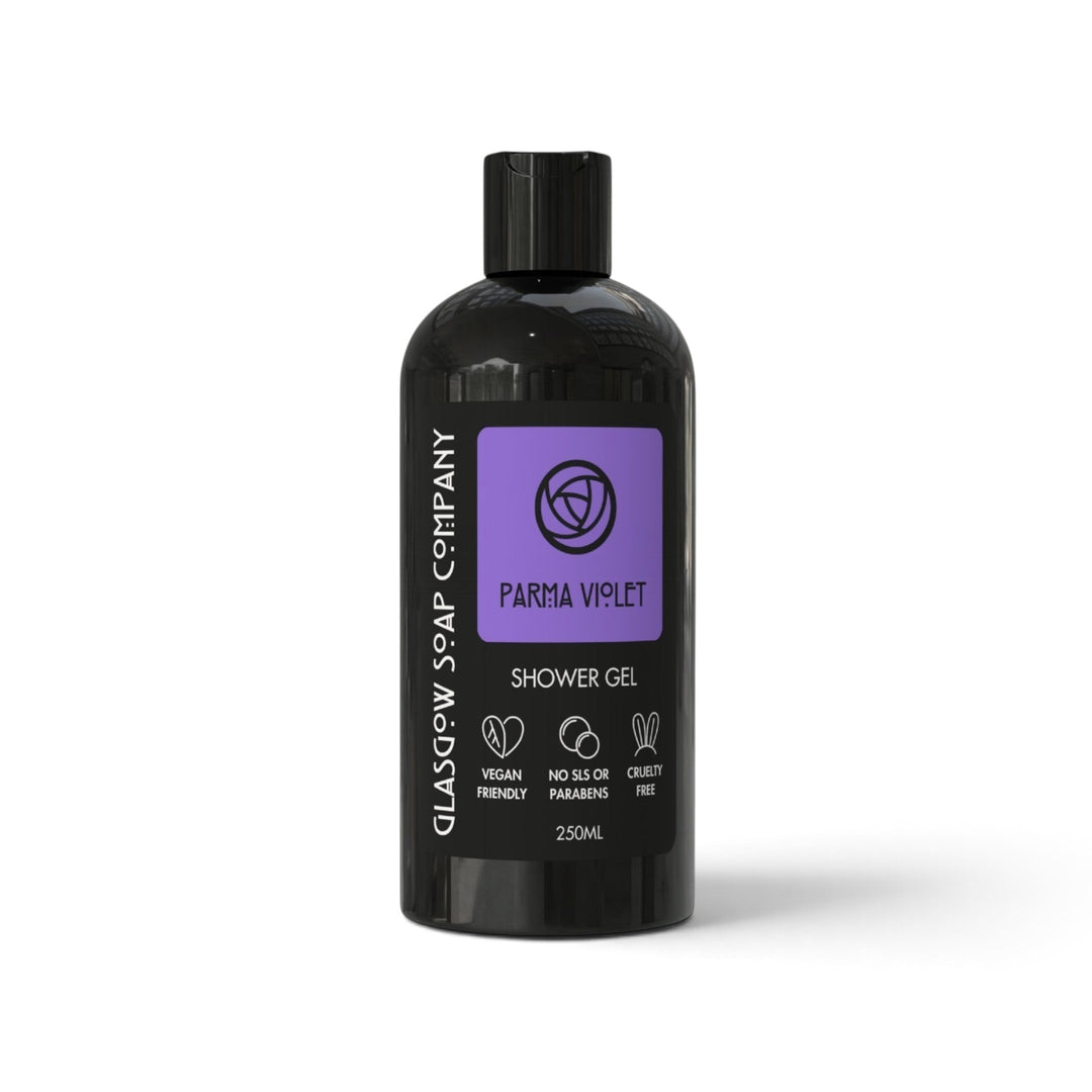 Glasgow Soap Company Ltd Parma Violet shower gel in a black bottle with a purple label, vegan and cruelty-free.