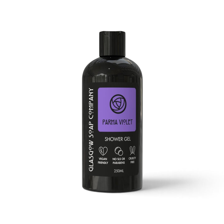 Glasgow Soap Company Ltd Parma Violet shower gel in a black bottle with a purple label, vegan and cruelty-free.