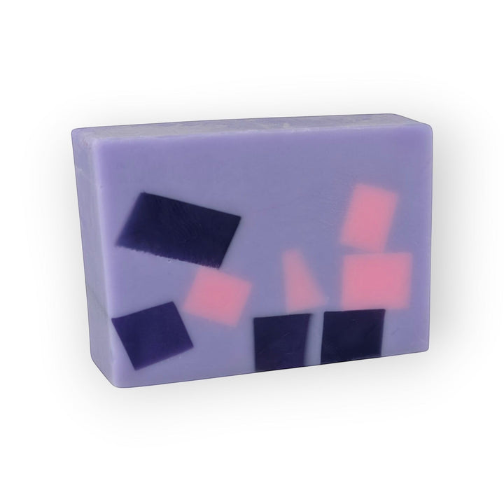 Glasgow Soap Company Ltd Parma Violet soap slice with embedded purple and pink squares, vegan, SLS and paraben free.