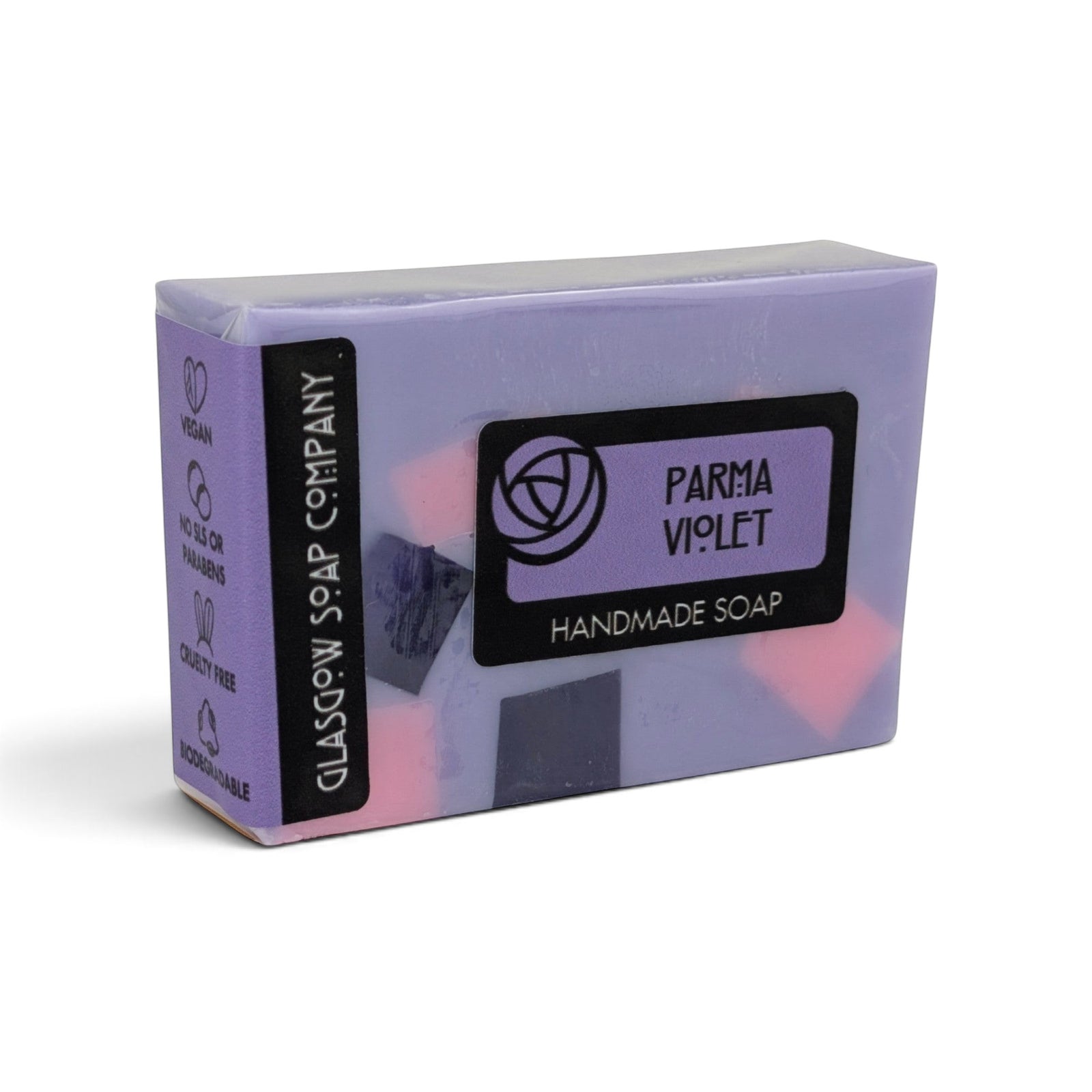 Glasgow Soap Company Ltd Parma Violet handmade soap bar in purple with colourful accents in biodegradable packaging