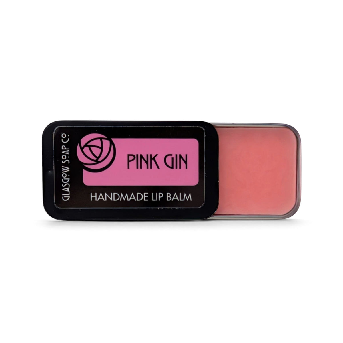 Glasgow Soap Company Ltd Pink Gin lip balm in a sliding black tin with raspberry-scented pink balm