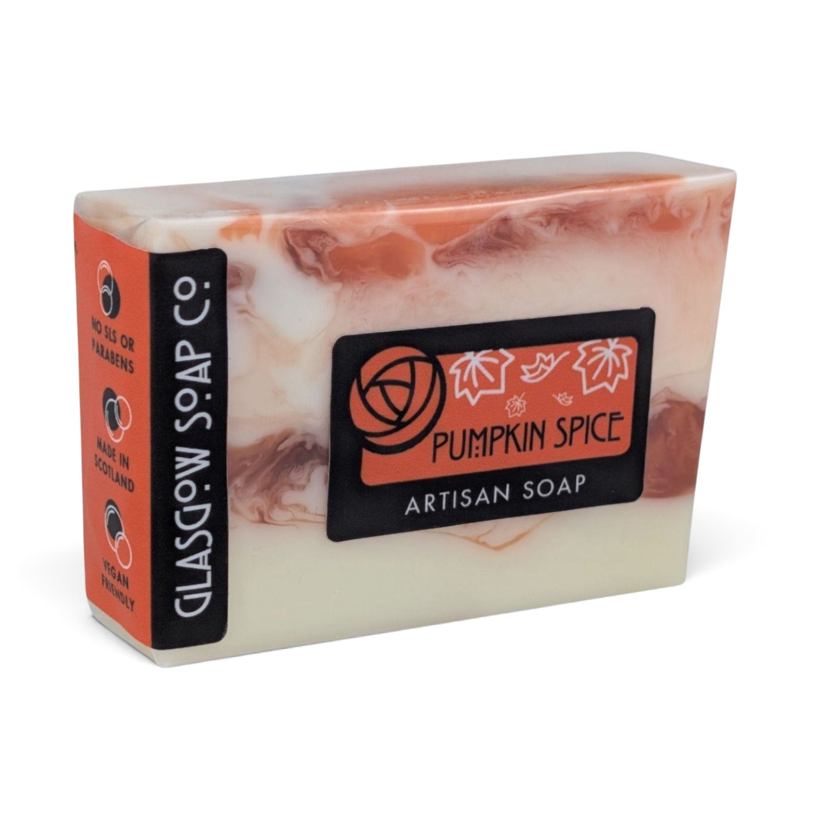 Glasgow Soap Company Ltd Pumpkin Spice artisan soap bar with orange and white marbled swirl design